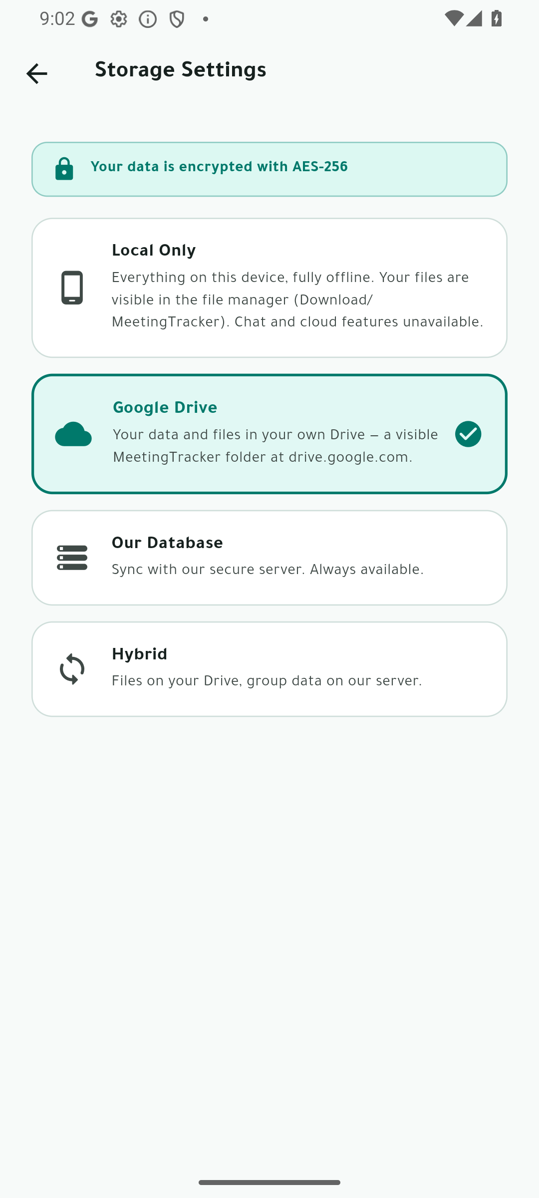 Storage settings screen
